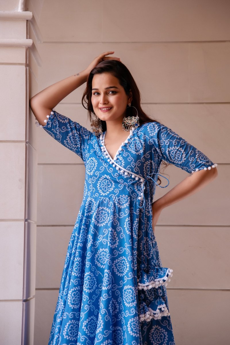 SUNHARI BLUE BANDHEJ COTTON ANGRAKHA SET WITH COTTON DUPATTA - Pomcha Jaipur