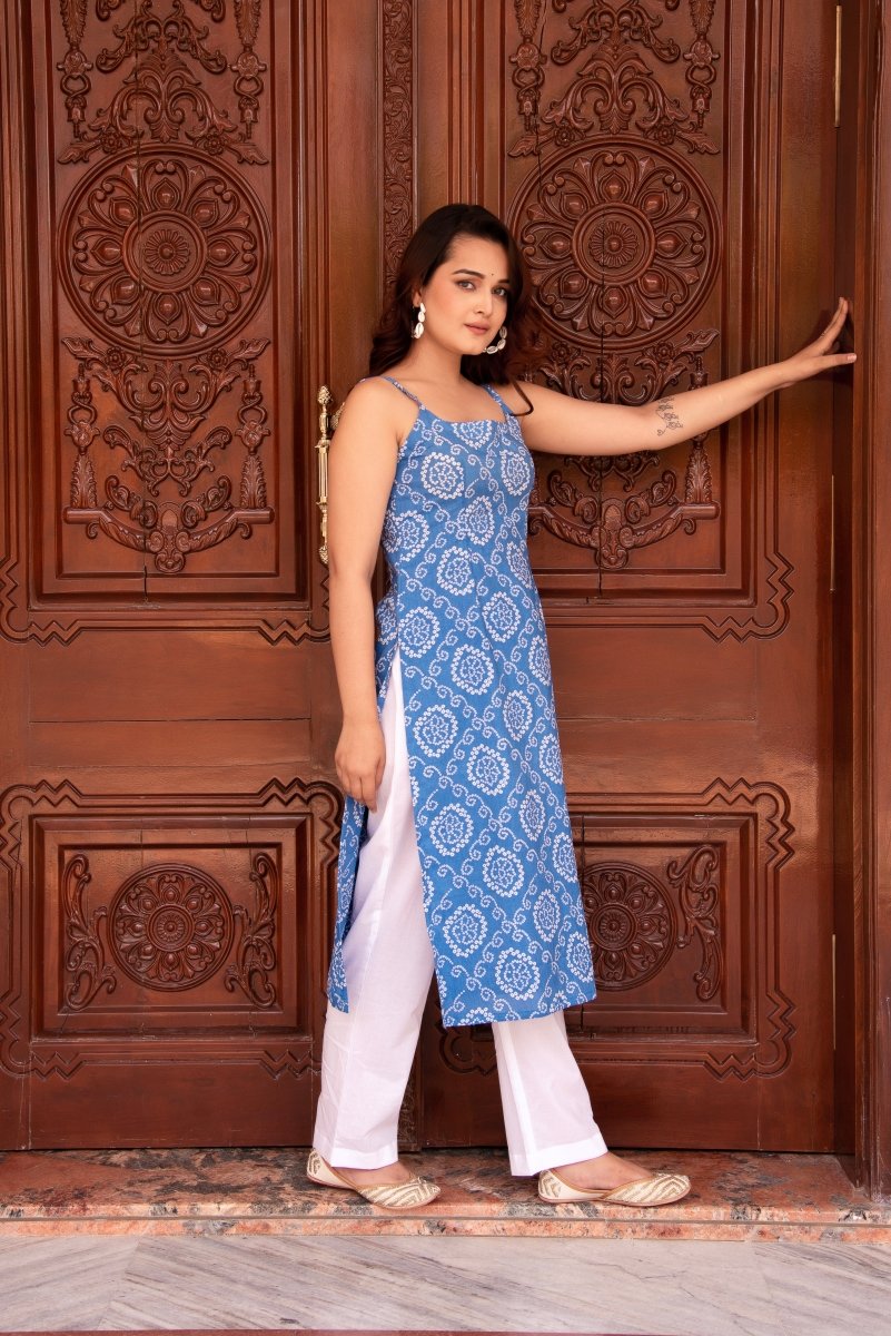 SUNHARI BLUE BANDHEJ SLEEVELESS SUIT SET WITH COTTON DUPATTA - Pomcha Jaipur