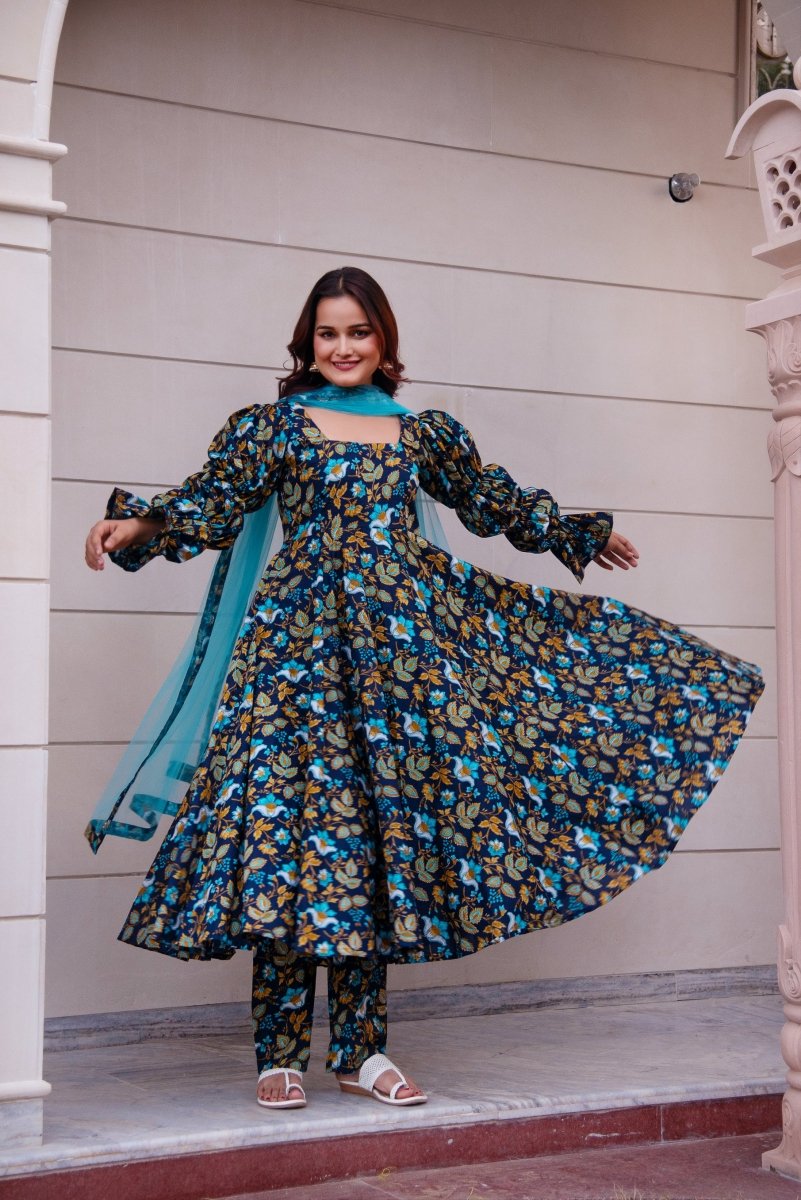 SUNHARI BLUE COTTON HAND BLOCK ANARKALI SET WITH SOFT NET DUPATTA - Pomcha Jaipur