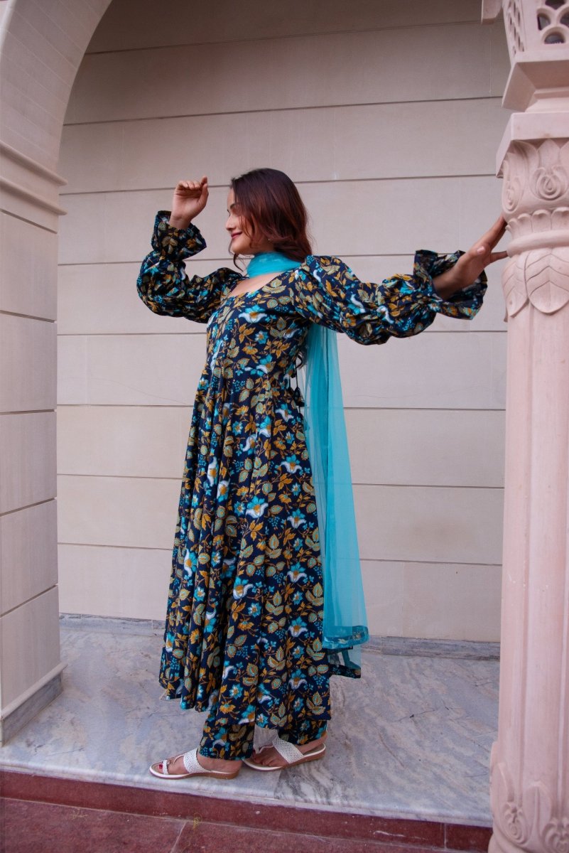 SUNHARI BLUE COTTON HAND BLOCK ANARKALI SET WITH SOFT NET DUPATTA - Pomcha Jaipur
