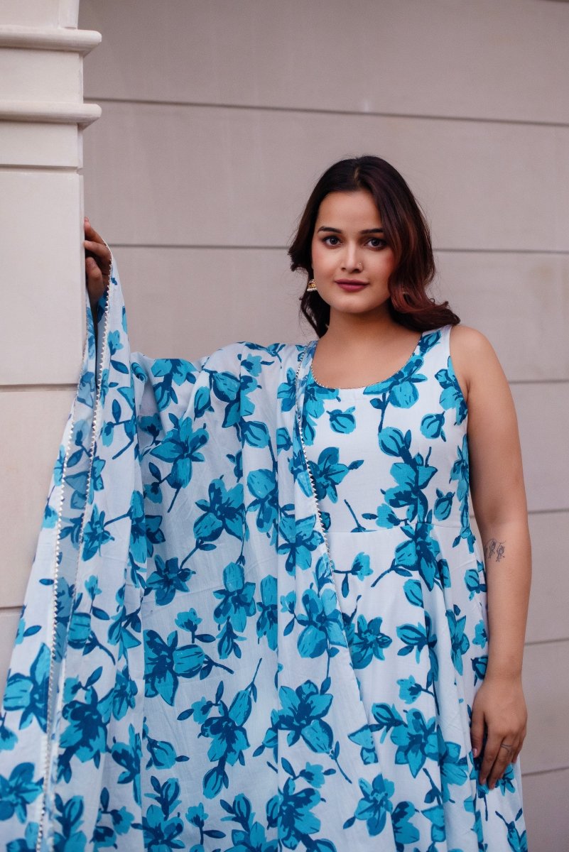 SUNHARI BLUE LILY SLEEVELESS COTTON ANARKALI SET WITH COTTON DUPATTA - Pomcha Jaipur