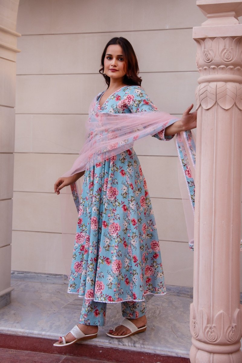 SUNHARI BLUE PEACH HAND BLOCK COTTON ANARKALI SET WITH SOFT NET DUPATTA - Pomcha Jaipur