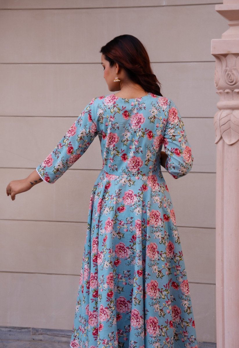 SUNHARI BLUE PEACH HAND BLOCK COTTON ANARKALI SET WITH SOFT NET DUPATTA - Pomcha Jaipur