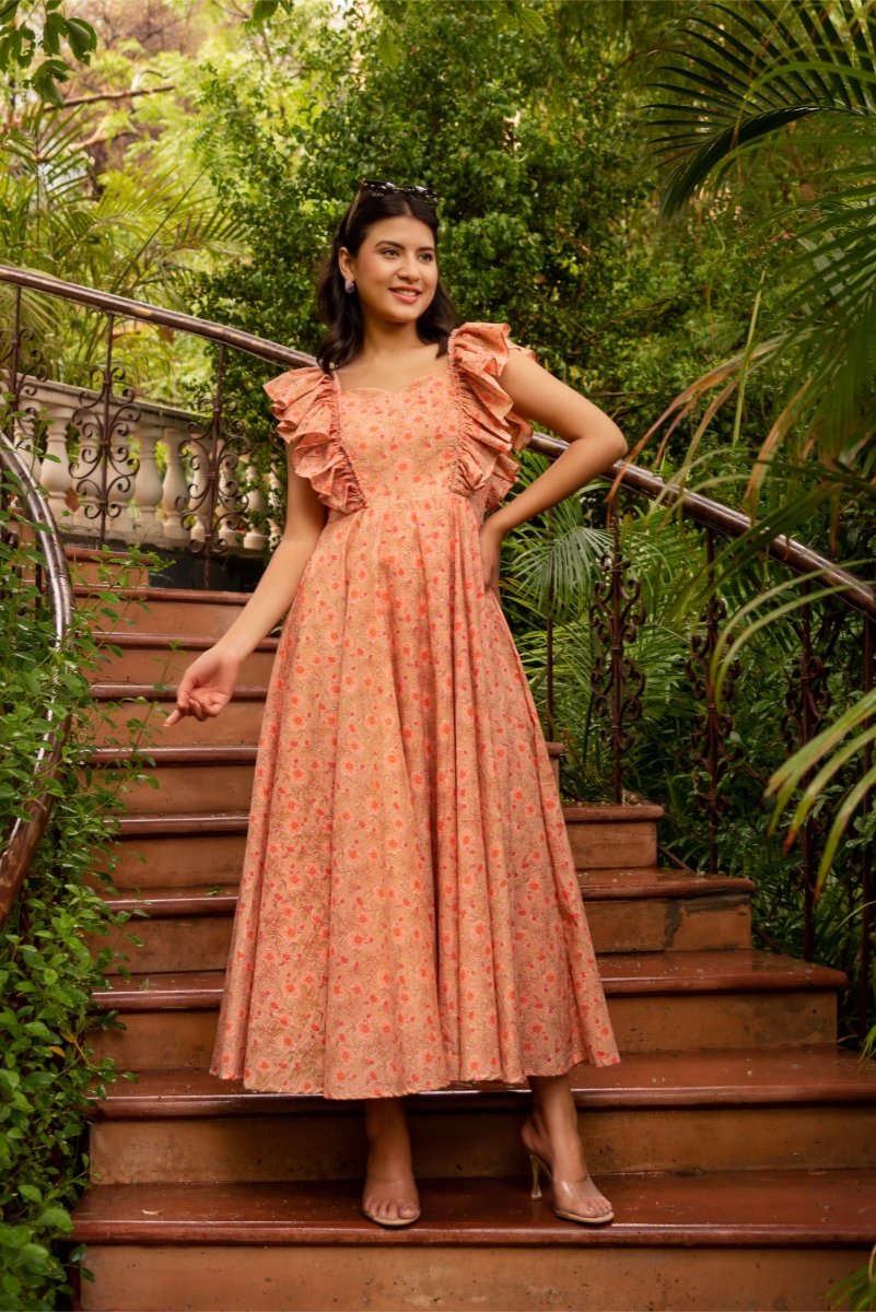 SUNHARI CHAAP PEACH HAND BLOCK PRINT COTTON FRILL SLEEVES DRESS - Pomcha Jaipur