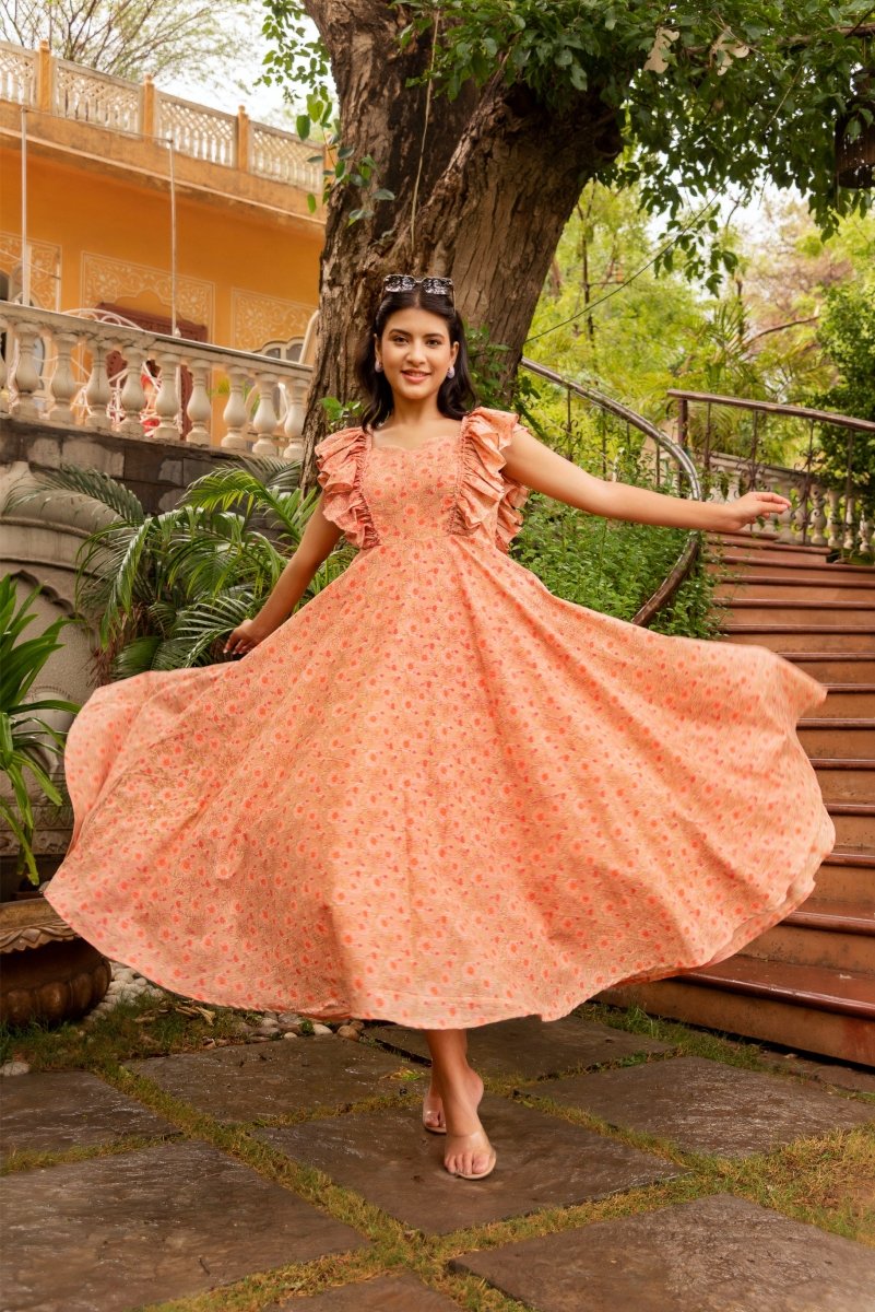 SUNHARI CHAAP PEACH HAND BLOCK PRINT COTTON FRILL SLEEVES DRESS - Pomcha Jaipur