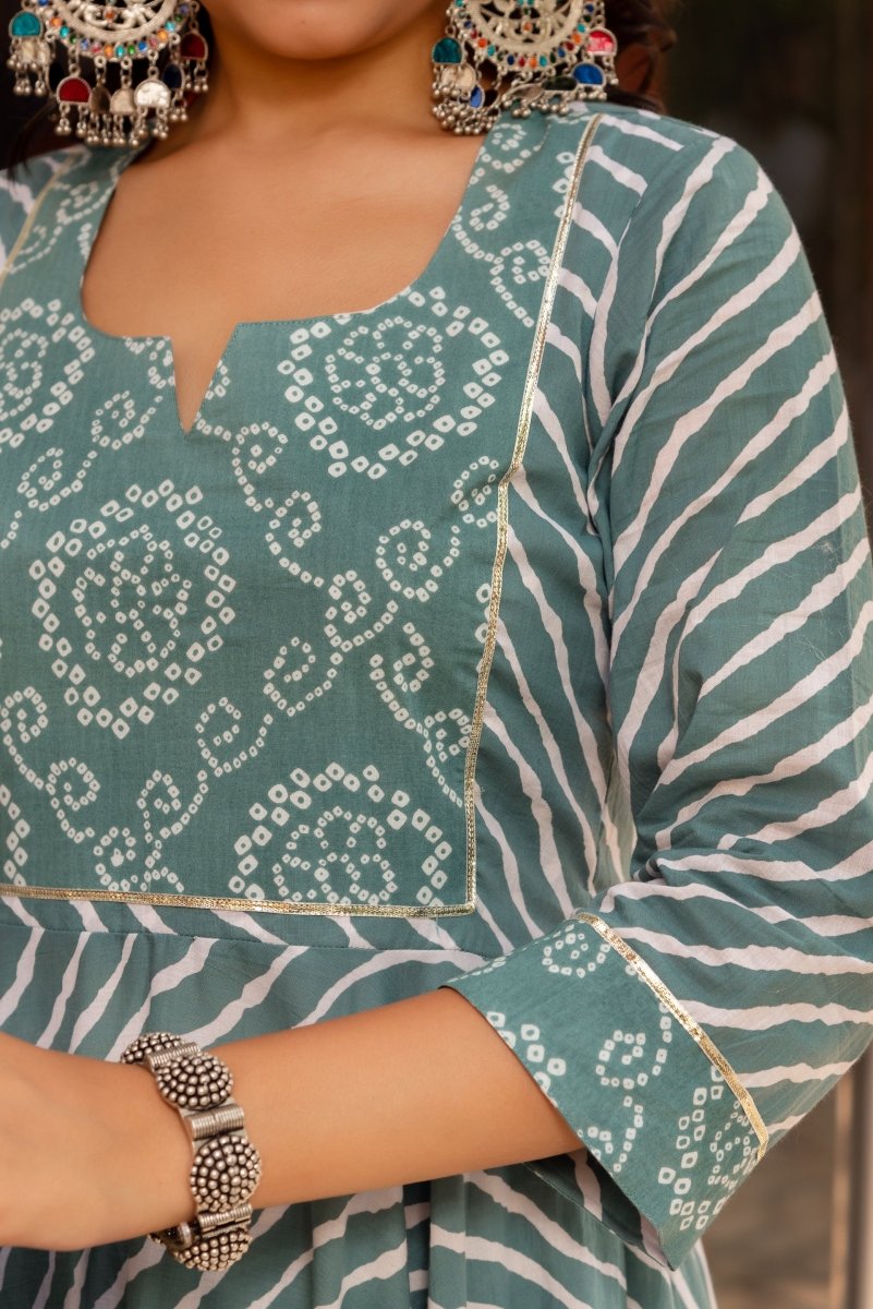 SUNHARI COTTON LEHERIYA AND BHANDEJ ANARKALI SET WITH COTTON DUPATTA - Pomcha Jaipur