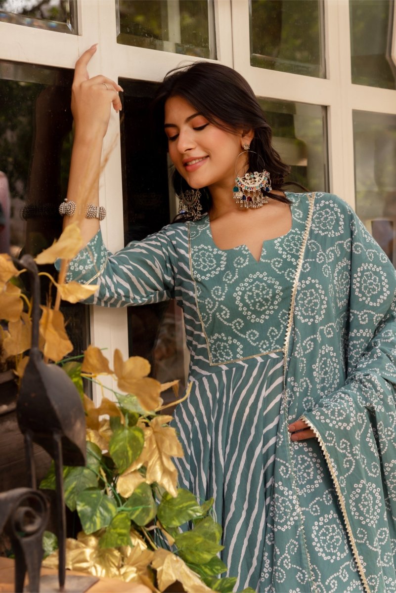 SUNHARI COTTON LEHERIYA AND BHANDEJ ANARKALI SET WITH COTTON DUPATTA - Pomcha Jaipur