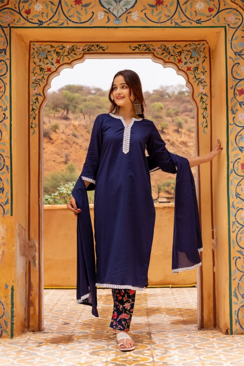 SUNHARI DARK BLUE COTTON EMBROIDERY SUIT SET WITH PRINTED COTTON PANTS AND COTTON DUPATTA - Pomcha Jaipur