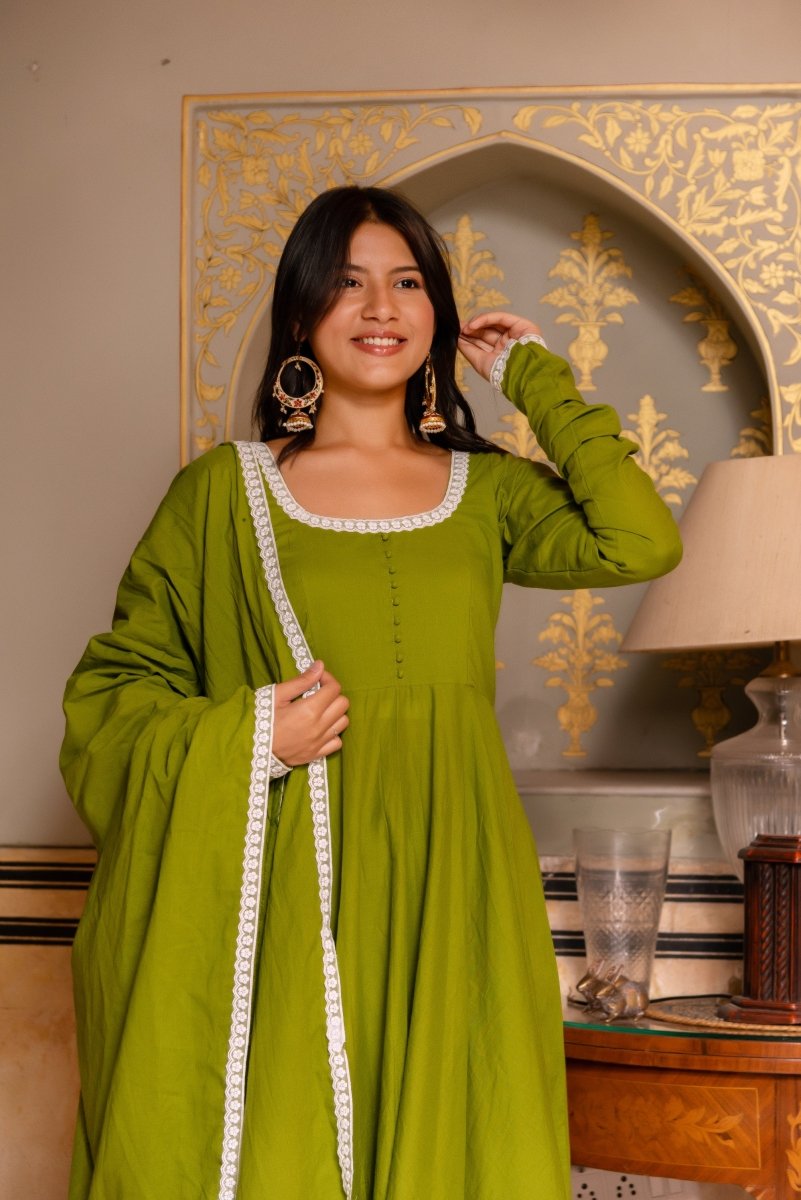 SUNHARI GREEN COTTON EMBROIDERY ANARKALI SET WITH COTTON EMBROIDERED DUPATTA - Pomcha Jaipur