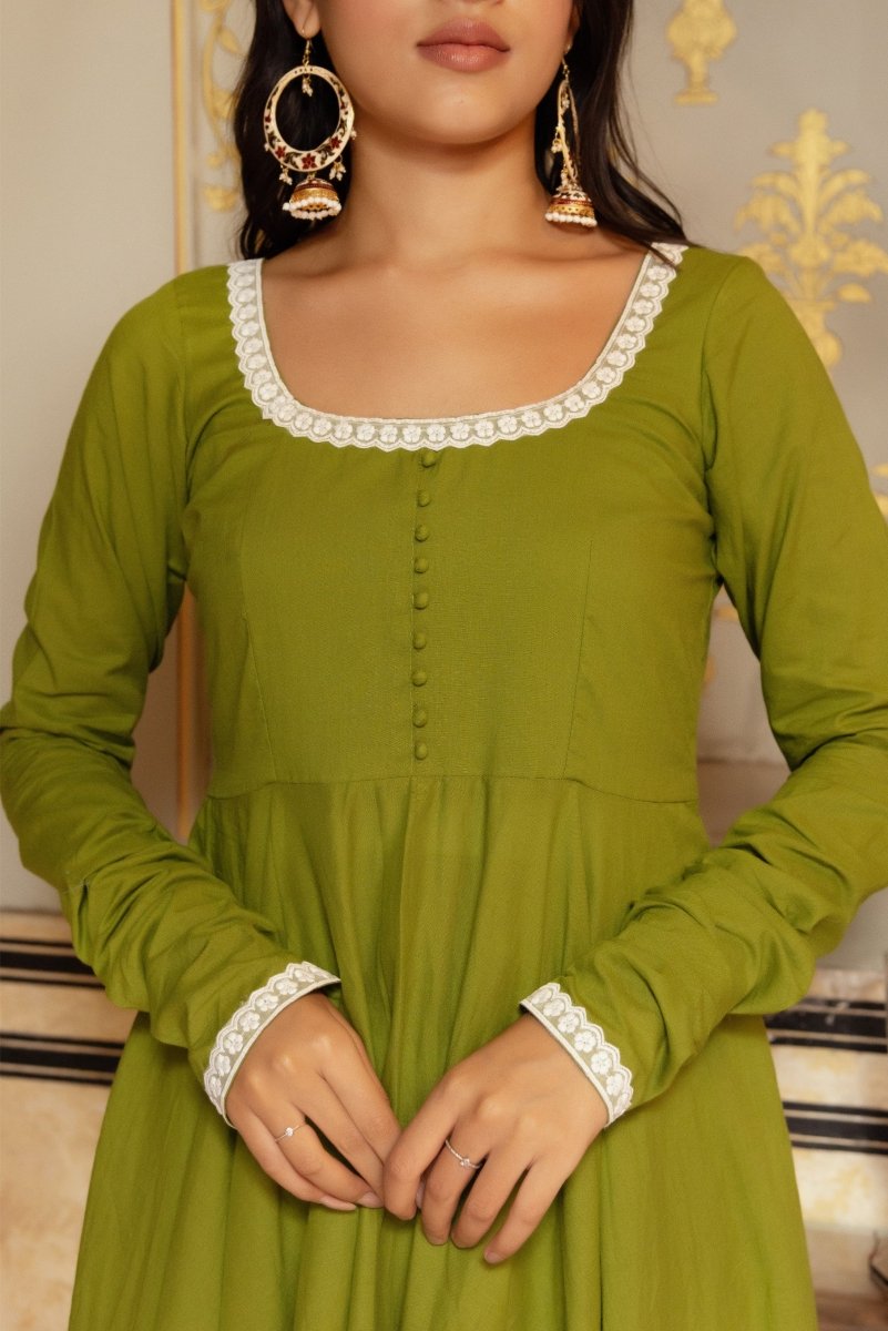 SUNHARI GREEN COTTON EMBROIDERY ANARKALI SET WITH COTTON EMBROIDERED DUPATTA - Pomcha Jaipur