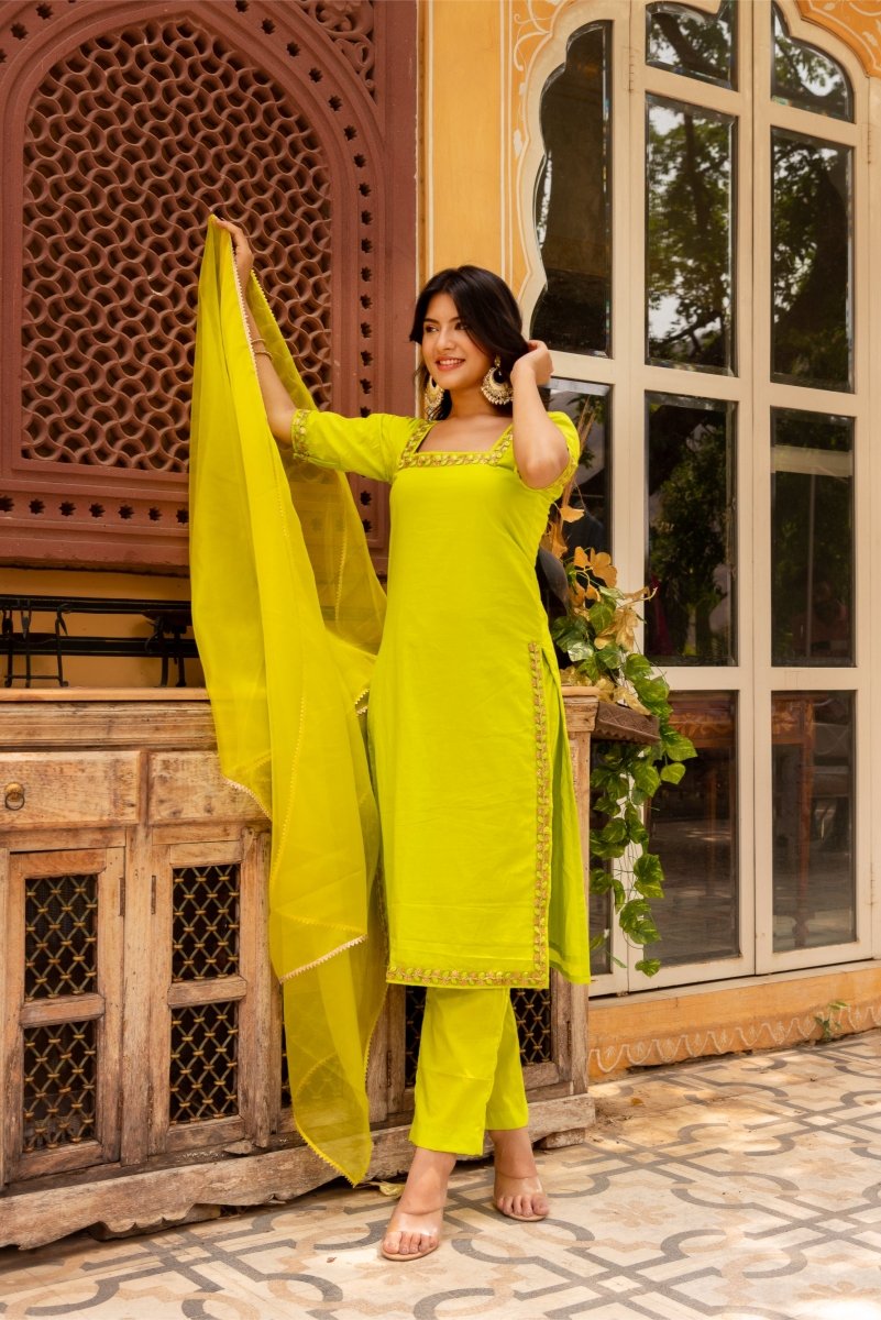 SUNHARI GREEN COTTON EMBROIDERY SUIT SET WITH SOFT NET DUPATTA - Pomcha Jaipur