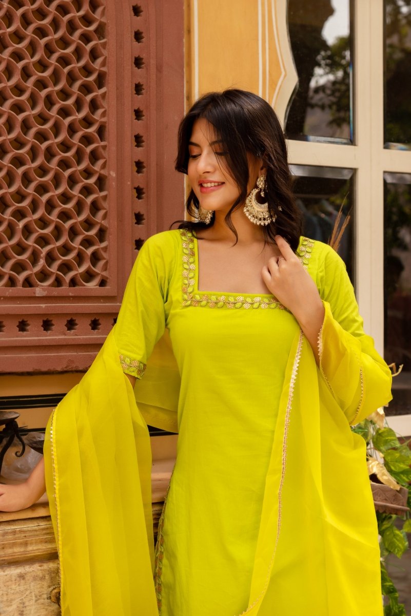 SUNHARI GREEN COTTON EMBROIDERY SUIT SET WITH SOFT NET DUPATTA - Pomcha Jaipur