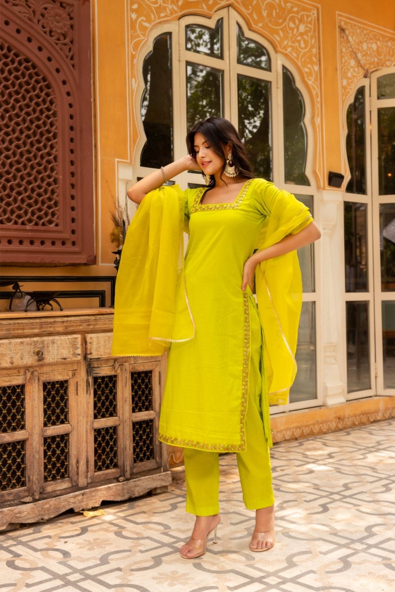 SUNHARI GREEN COTTON EMBROIDERY SUIT SET WITH SOFT NET DUPATTA - Pomcha Jaipur