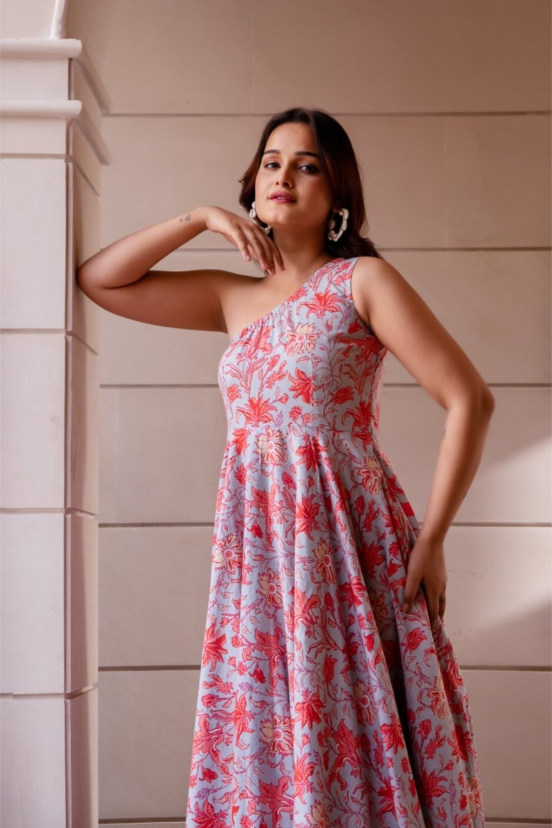 SUNHARI GREY COTTON HAND BLOCK PRINT ONE SHOULDER FRILL DRESS - Pomcha Jaipur