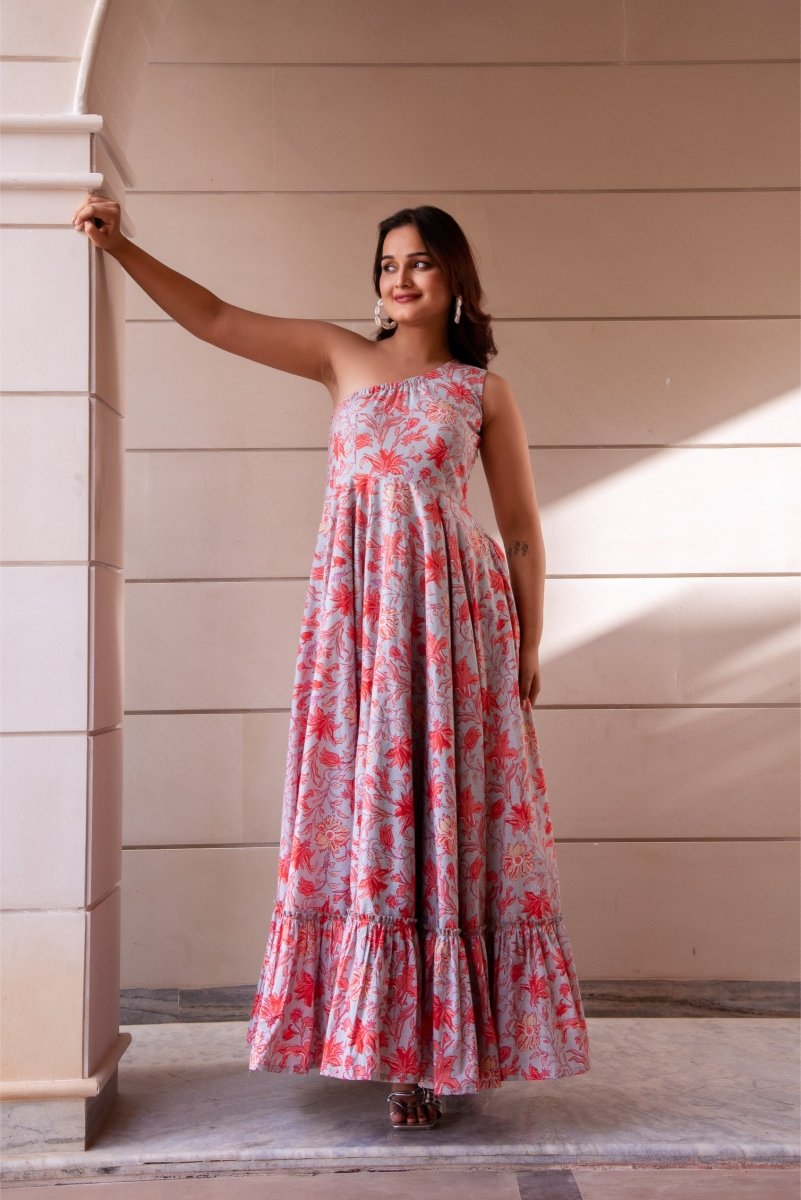 SUNHARI GREY COTTON HAND BLOCK PRINT ONE SHOULDER FRILL DRESS - Pomcha Jaipur