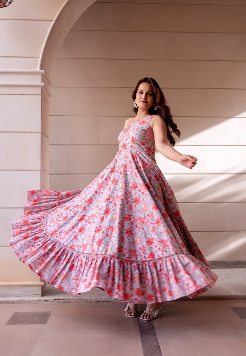 SUNHARI GREY COTTON HAND BLOCK PRINT ONE SHOULDER FRILL DRESS - Pomcha Jaipur