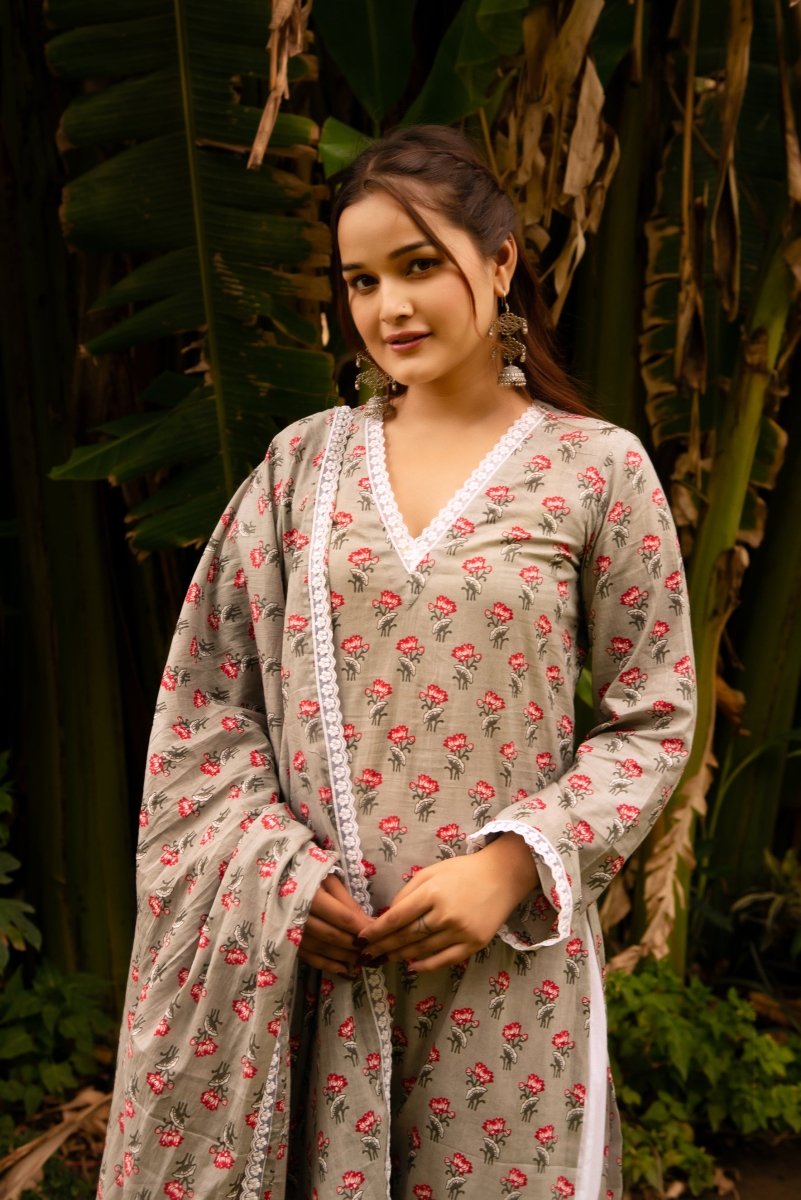 SUNHARI GREY PHOOL JAAL HAND BLOCK PRINT COTTON EMBROIDERY SUIT SET WITH COTTON DUPATTA - Pomcha Jaipur