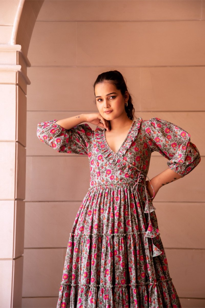 SUNHARI GREY PINK PHOOL JAAL TIERED COTTON HAND BLOCK LONG DRESS - Pomcha Jaipur