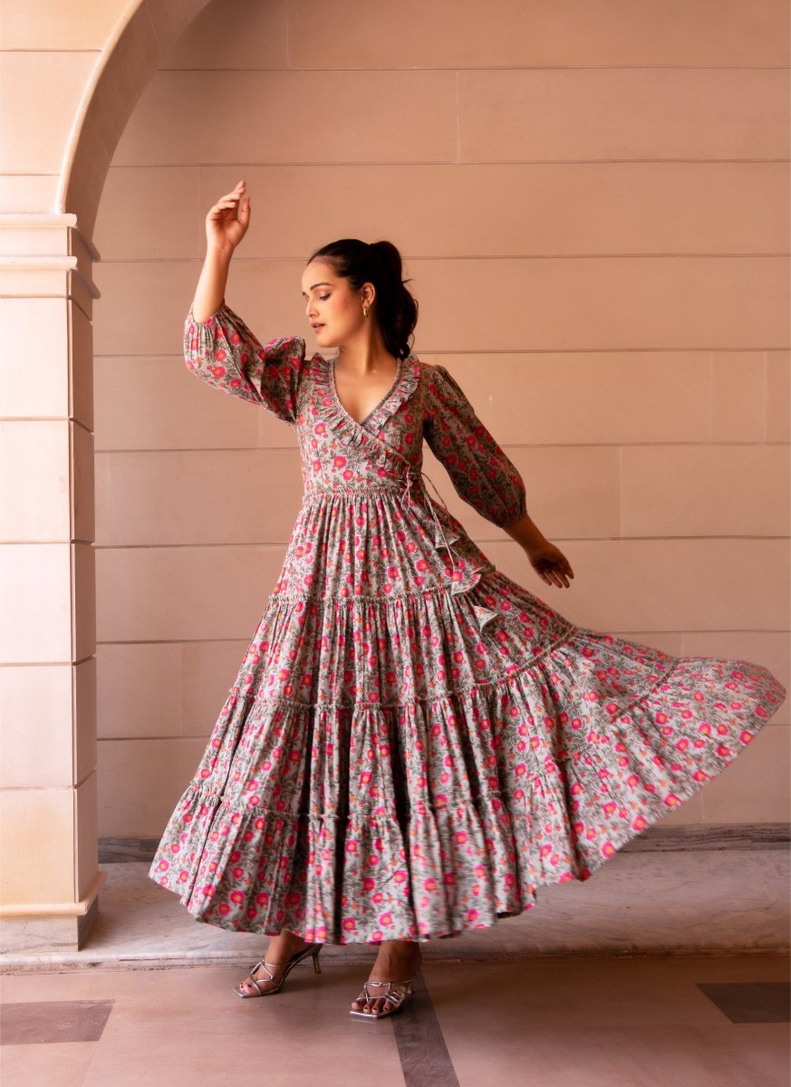 SUNHARI GREY PINK PHOOL JAAL TIERED COTTON HAND BLOCK LONG DRESS - Pomcha Jaipur