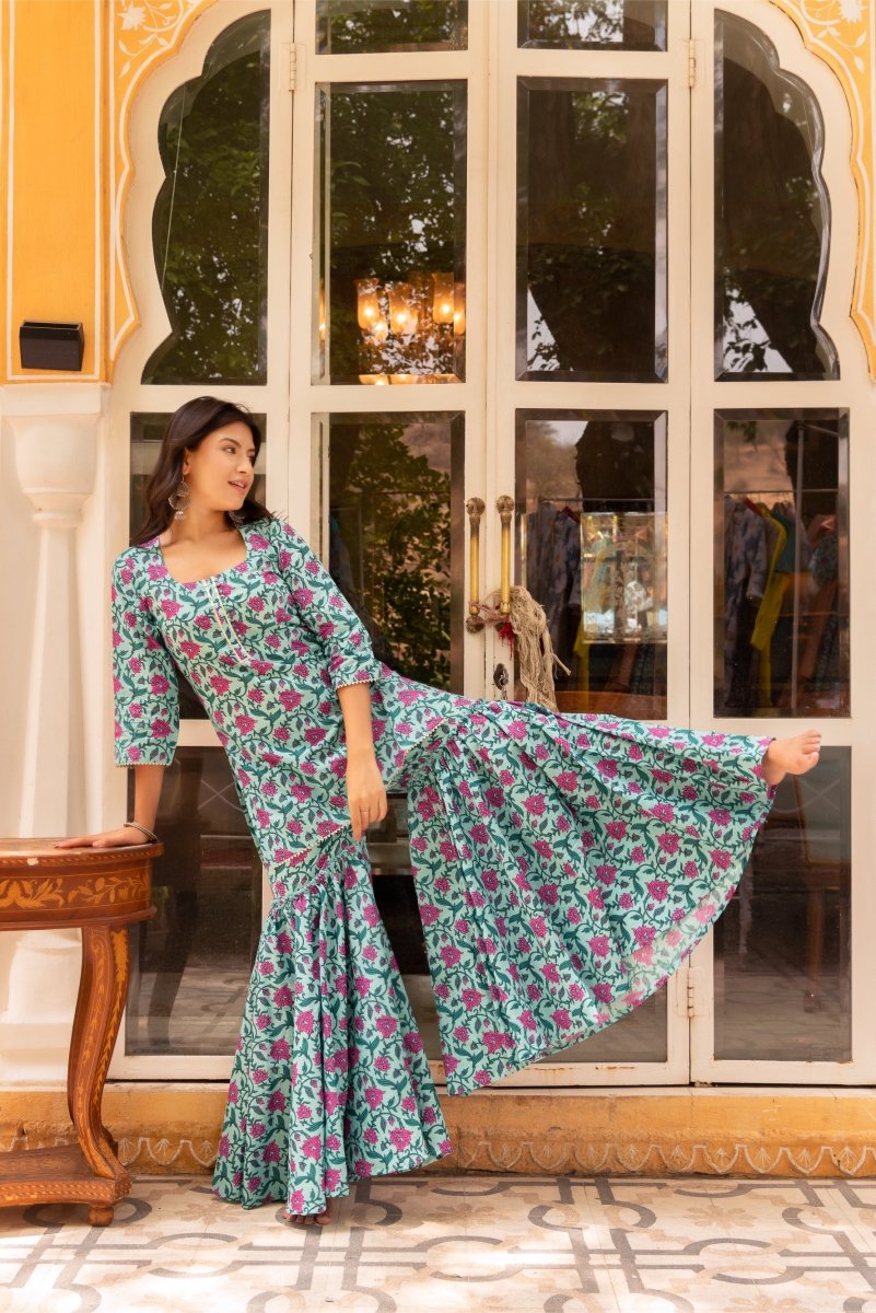 SUNHARI HAND BLOCK PRINT COTTON SHARARA SET WITH COTTON DUPATTA - Pomcha Jaipur