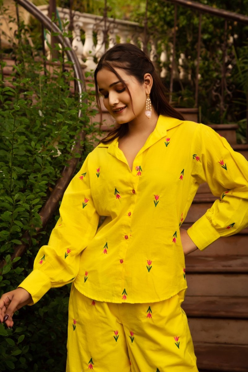 SUNHARI IRA YELLOW COTTON EMBROIDERY CO - ORD SET - Pomcha Jaipur