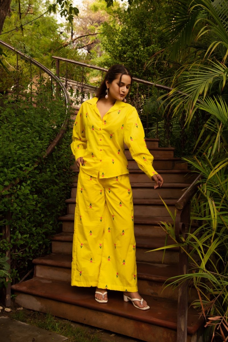 SUNHARI IRA YELLOW COTTON EMBROIDERY CO - ORD SET - Pomcha Jaipur