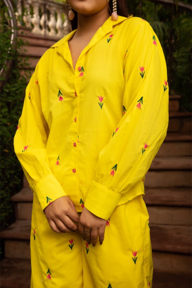 SUNHARI IRA YELLOW COTTON EMBROIDERY CO - ORD SET - Pomcha Jaipur