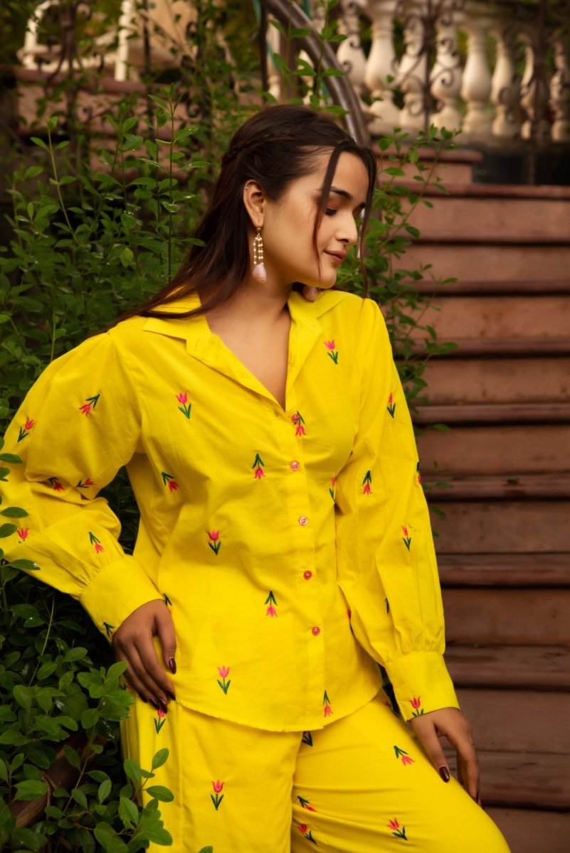 SUNHARI IRA YELLOW COTTON EMBROIDERY CO - ORD SET - Pomcha Jaipur