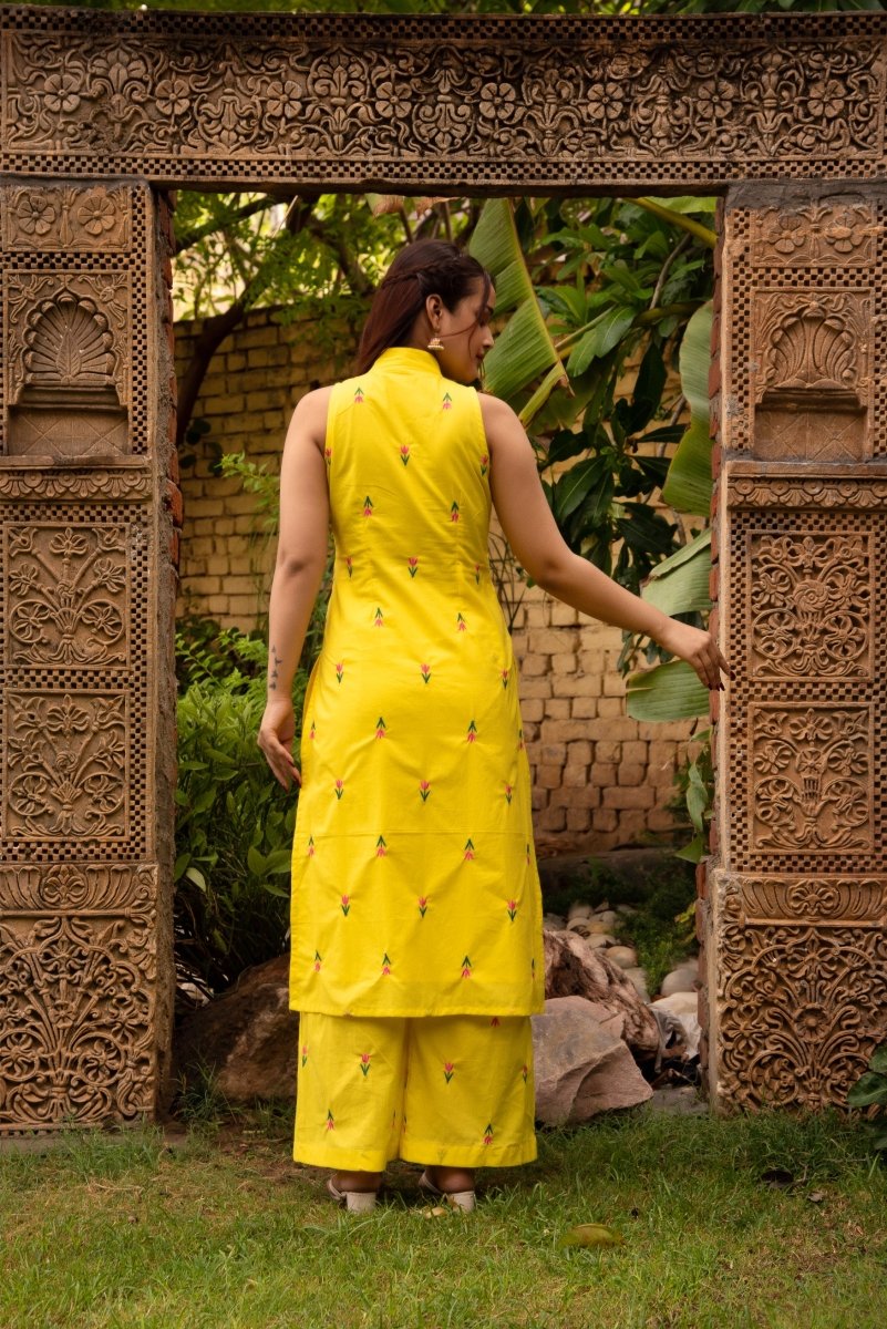 SUNHARI IRA YELLOW COTTON EMBROIDERY SUIT SET WITH EMBROIDED ORGANZA DUPATTA - Pomcha Jaipur