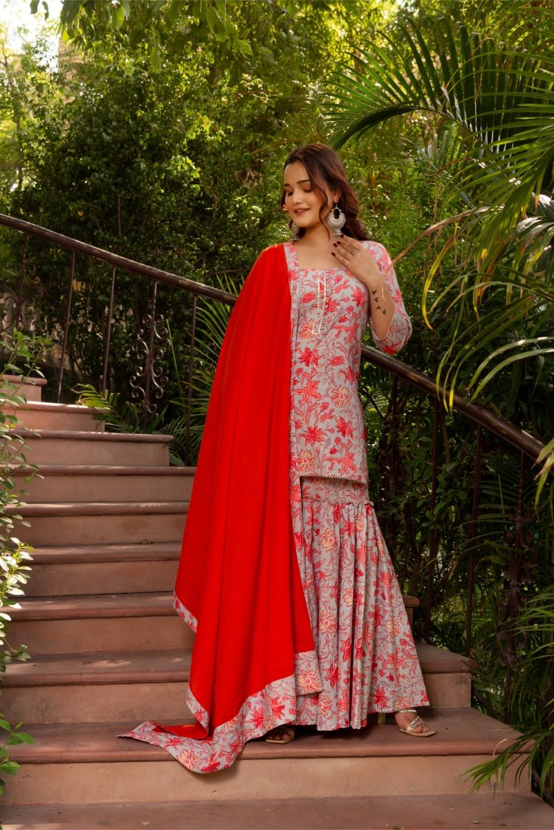 SUNHARI KAMINI HAND BLOCK PRINT COTTON SHARARA SET WITH COTTON DUPATTA - Pomcha Jaipur