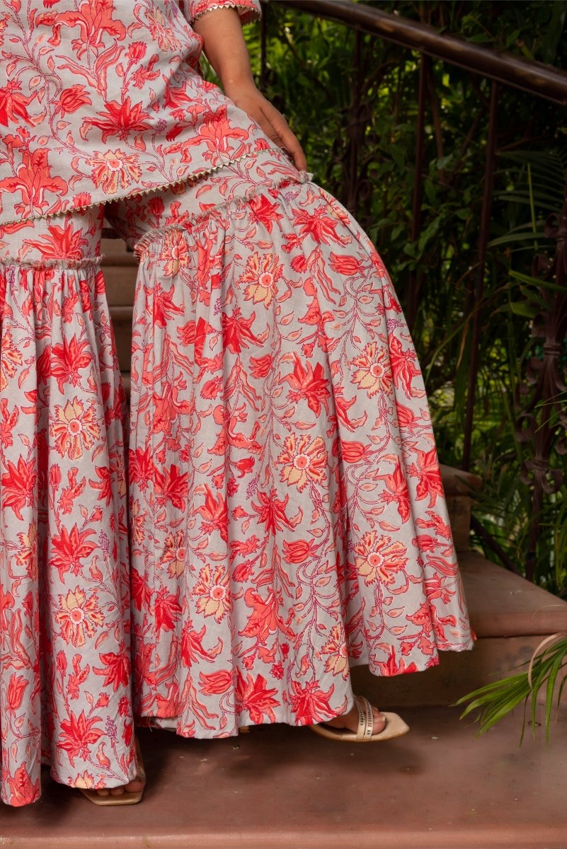 SUNHARI KAMINI HAND BLOCK PRINT COTTON SHARARA SET WITH COTTON DUPATTA - Pomcha Jaipur