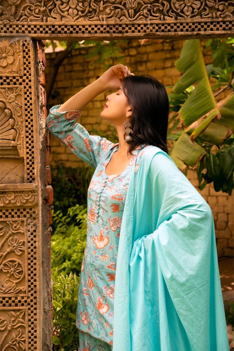 SUNHARI LIGHT BLUE COTTON HAND BLOCK PRINT SHARARA SET WITH COTTON DUPATTA - Pomcha Jaipur