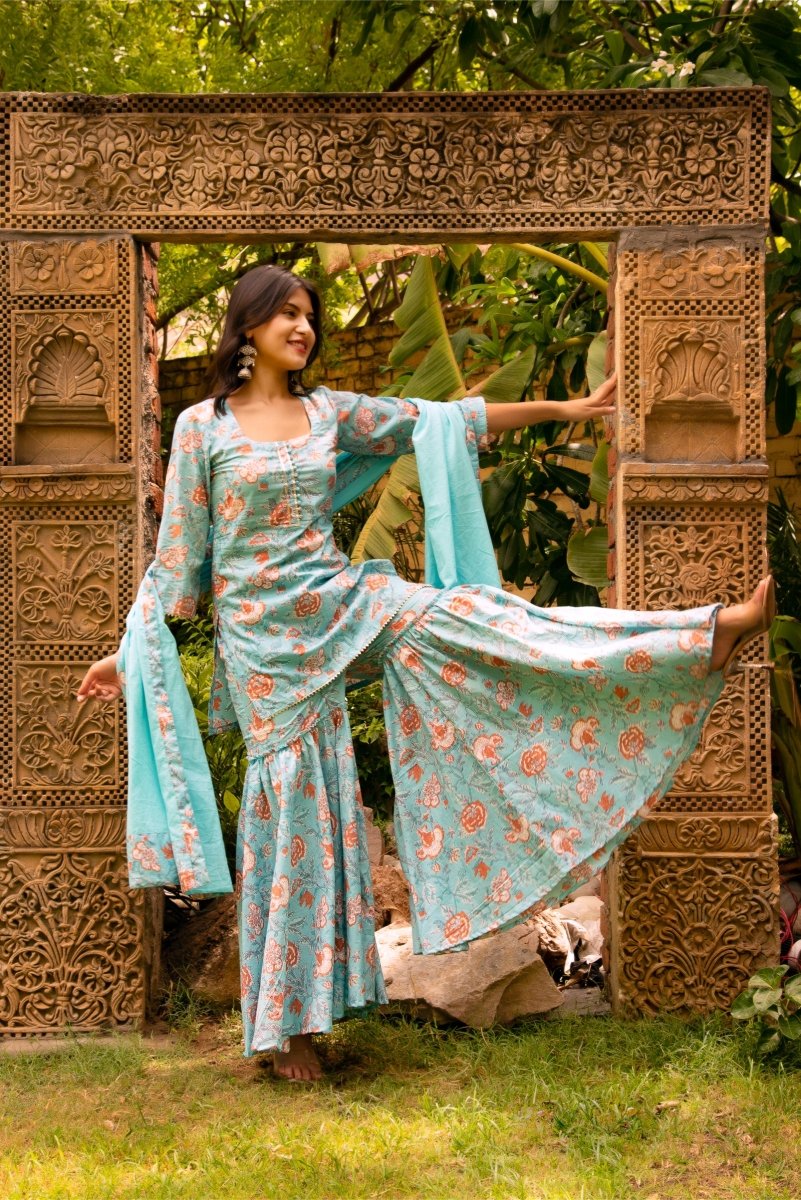 SUNHARI LIGHT BLUE COTTON HAND BLOCK PRINT SHARARA SET WITH COTTON DUPATTA - Pomcha Jaipur