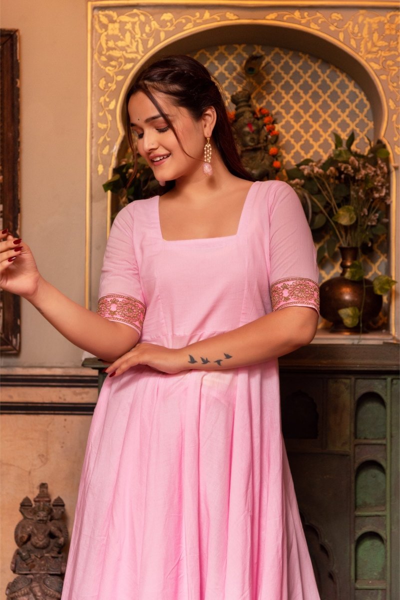 SUNHARI LIGHT PINK COTTON ANARKALI WITH EMBROIDERED SOFT NET DUPATTA - Pomcha Jaipur