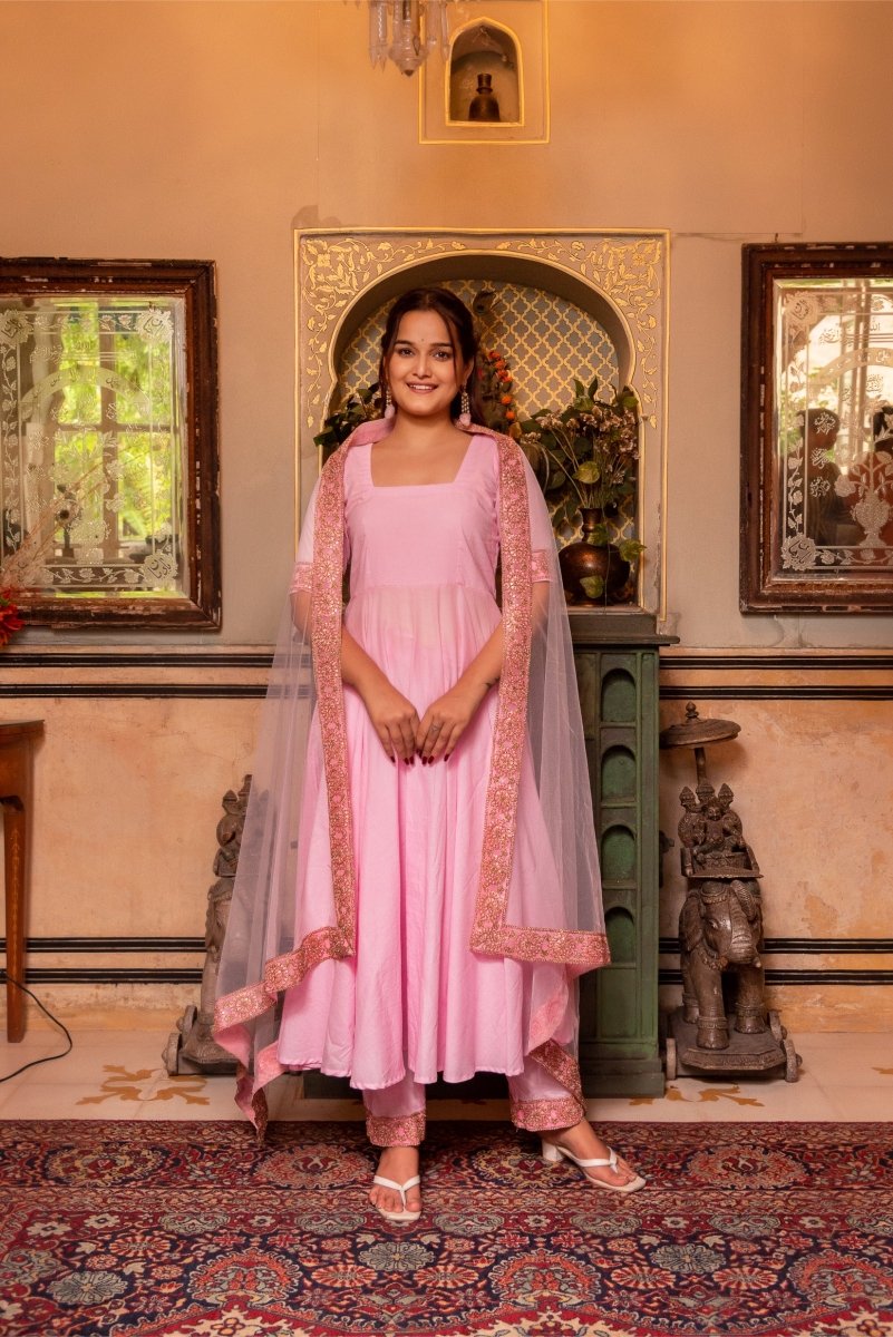 SUNHARI LIGHT PINK COTTON ANARKALI WITH EMBROIDERED SOFT NET DUPATTA - Pomcha Jaipur