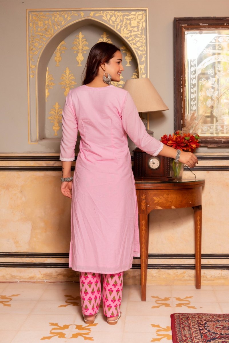 SUNHARI LIGHT PINK COTTON EMBROIDERY SUIT SET WITH COTTON DUPATTA AND PRINTED PANTS - Pomcha Jaipur