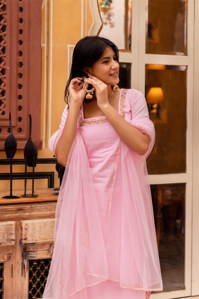 SUNHARI LIGHT PINK COTTON EMBROIDERY SUIT SET WITH SOFT NET DUPATTA - Pomcha Jaipur