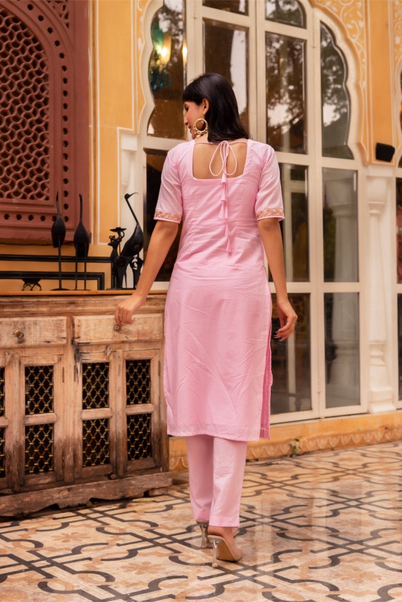 SUNHARI LIGHT PINK COTTON EMBROIDERY SUIT SET WITH SOFT NET DUPATTA - Pomcha Jaipur