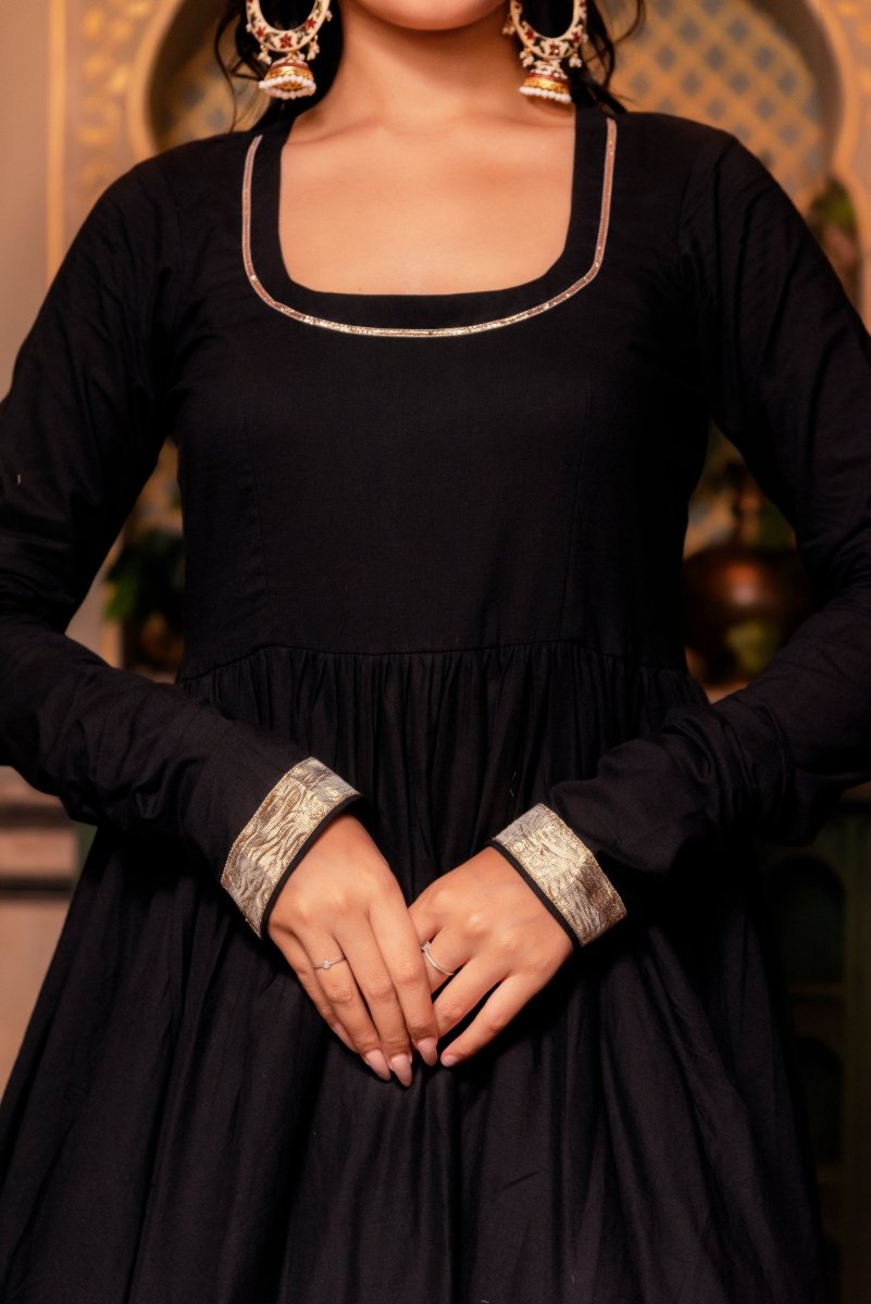 SUNHARI MAHIRA BLACK COTTON GOTA PATTI ANARKALI SET WITH COTTON DUPATTA - Pomcha Jaipur