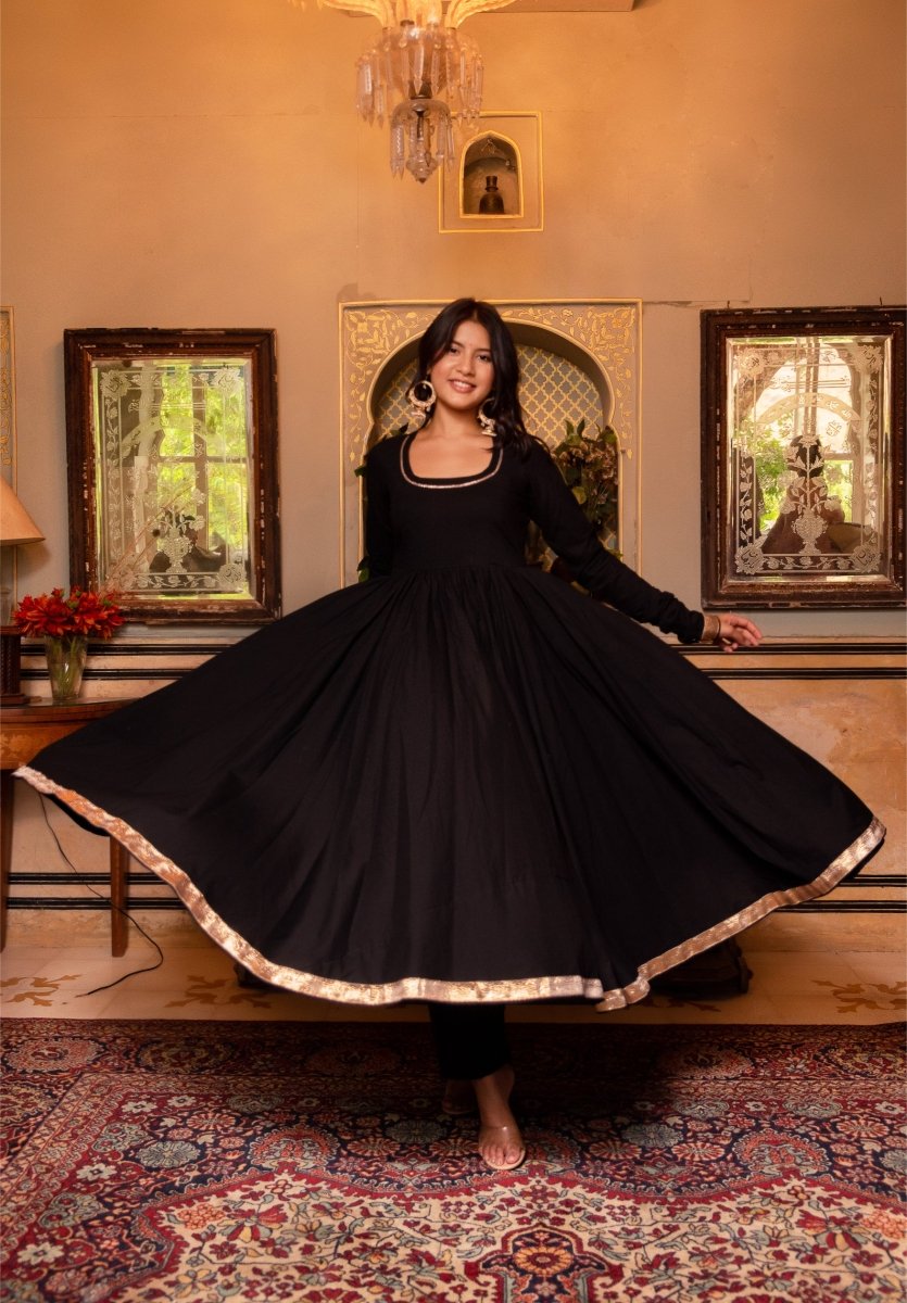 SUNHARI MAHIRA BLACK COTTON GOTA PATTI ANARKALI SET WITH COTTON DUPATTA - Pomcha Jaipur