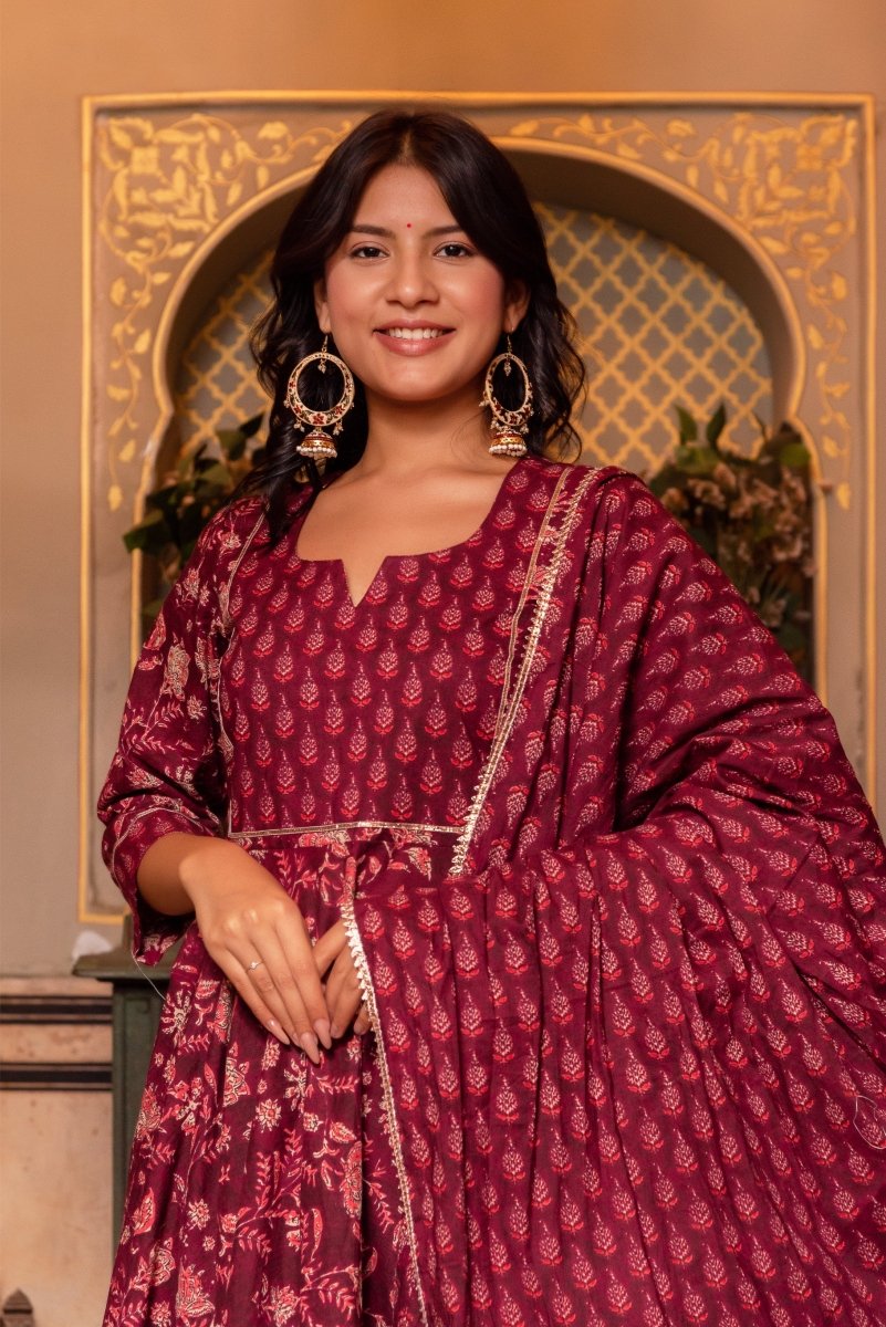 SUNHARI MAROON HAND BLOCK PRINT COTTON ANARKALI SET WITH COTTON DUPATTA - Pomcha Jaipur