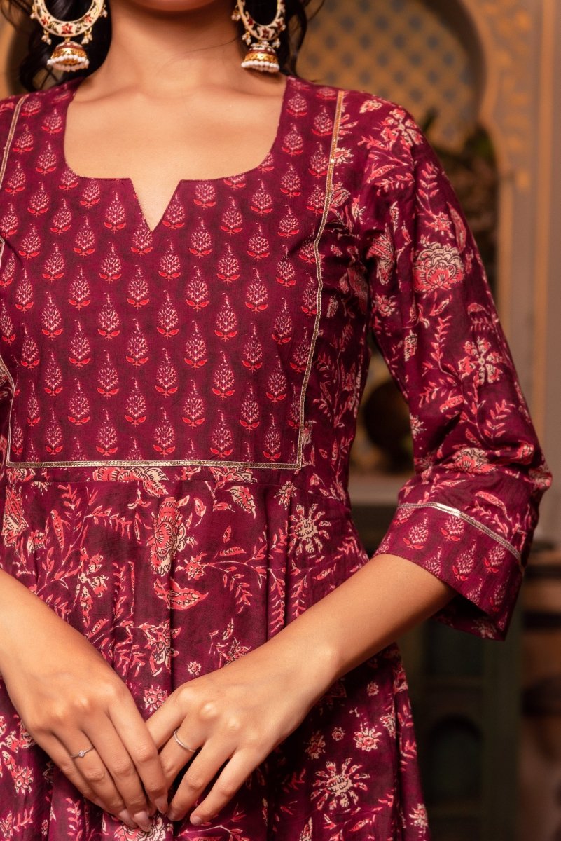 SUNHARI MAROON HAND BLOCK PRINT COTTON ANARKALI SET WITH COTTON DUPATTA - Pomcha Jaipur