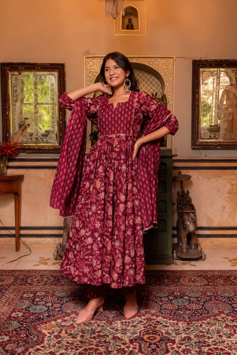 SUNHARI MAROON HAND BLOCK PRINT COTTON ANARKALI SET WITH COTTON DUPATTA 2XL