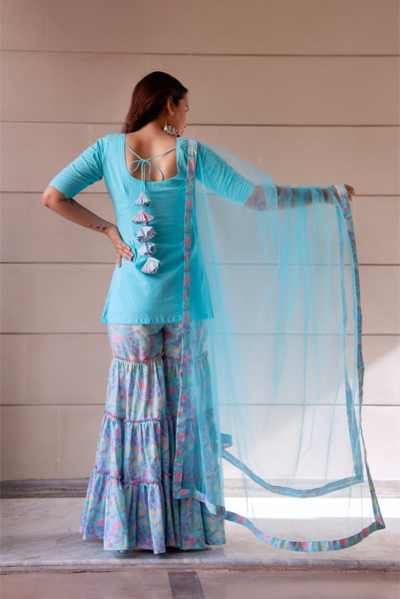 SUNHARI PASTEL BLUE COTTON PRINTED SHARARA SET WITH SOFT NET DUPATTA - Pomcha Jaipur