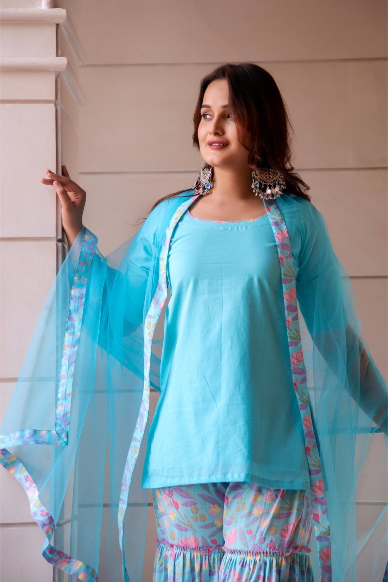 SUNHARI PASTEL BLUE COTTON PRINTED SHARARA SET WITH SOFT NET DUPATTA - Pomcha Jaipur
