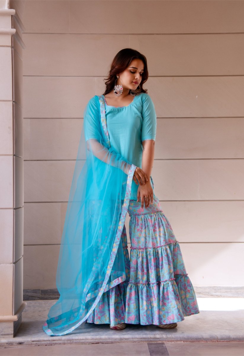SUNHARI PASTEL BLUE COTTON PRINTED SHARARA SET WITH SOFT NET DUPATTA - Pomcha Jaipur