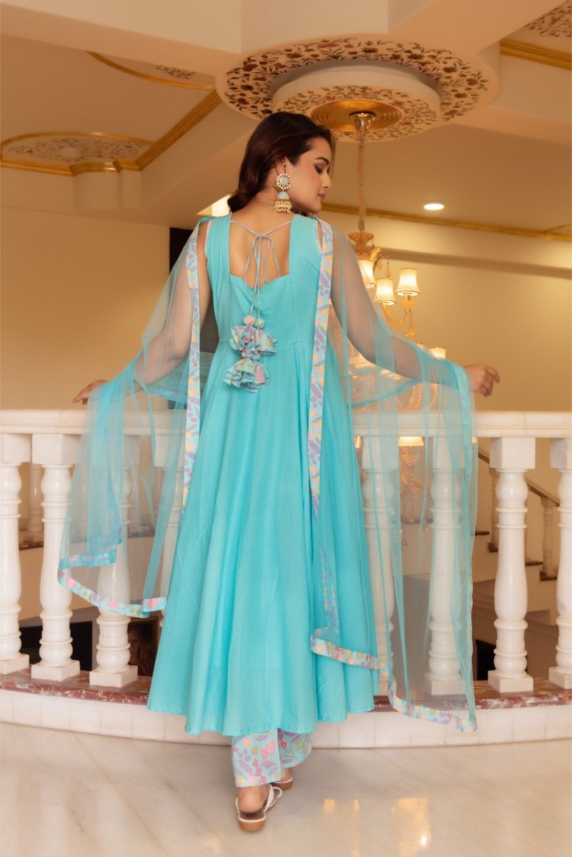 SUNHARI PASTEL BLUE SLEEVELESS COTTON ANARKALI SET SOFT NET DUPATTA - Pomcha Jaipur
