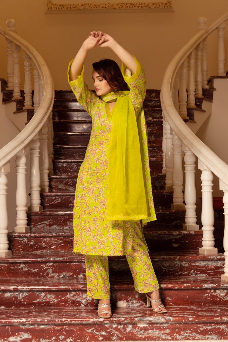 SUNHARI PASTEL GREEN HAND BLOCK PRINT KURTA SET WITH ORGANZA DUPATTA - Pomcha Jaipur