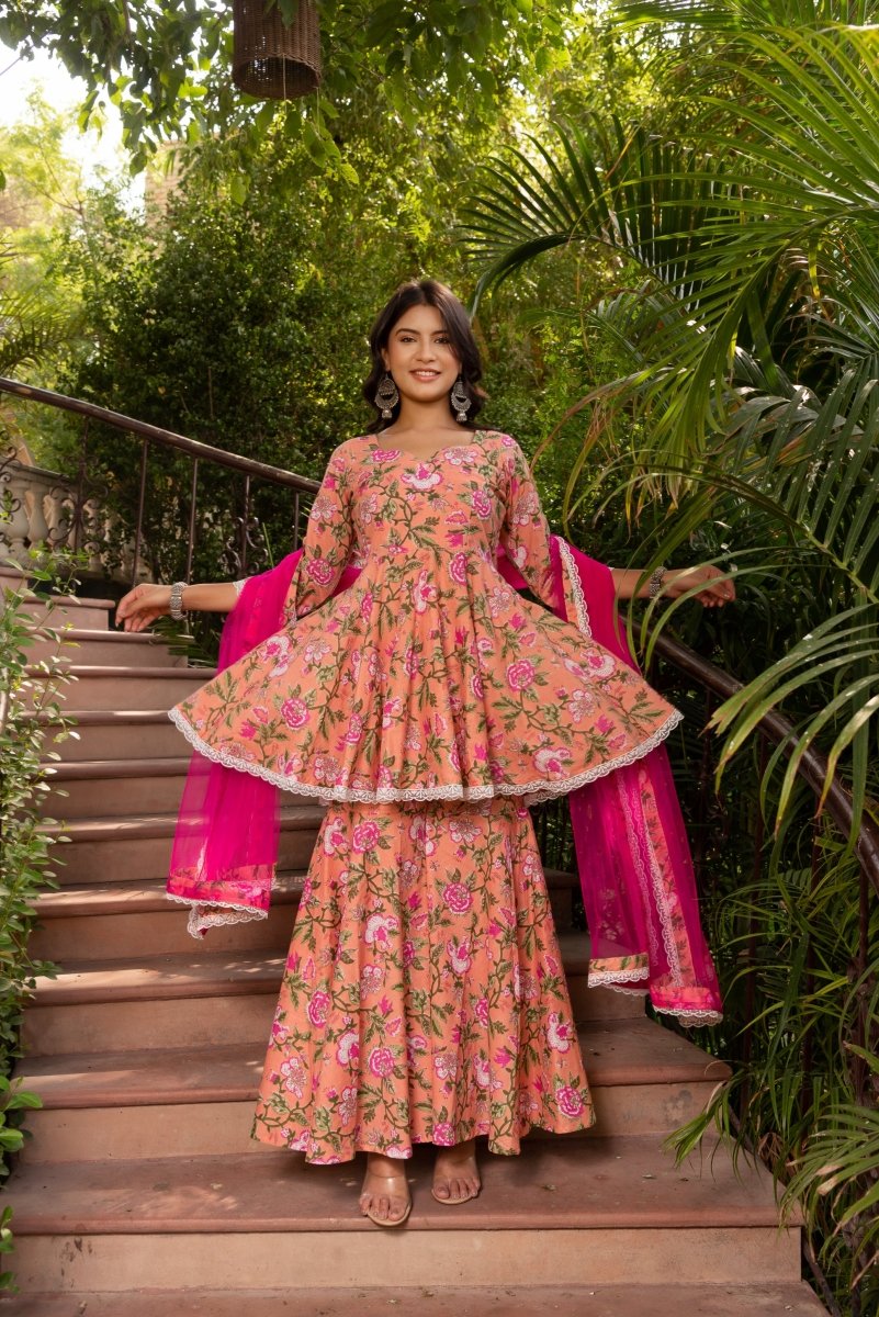 SUNHARI PEACH COTTON HAND BLOCK SHARARA SET WITH SOFT NET DUPATTA - Pomcha Jaipur