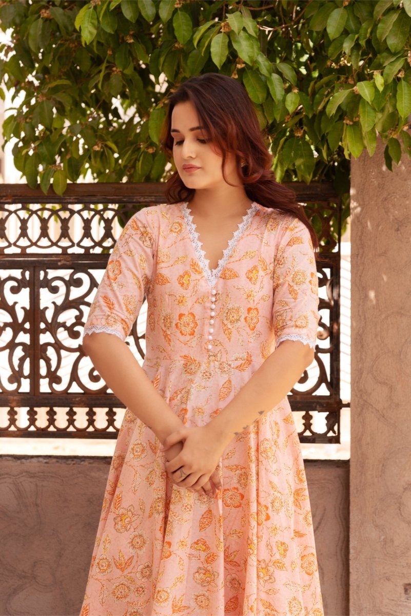 SUNHARI PEACH HAND BLOCK PRINT COTTON ANARKALI WITH COTTON DUPATTA - Pomcha Jaipur